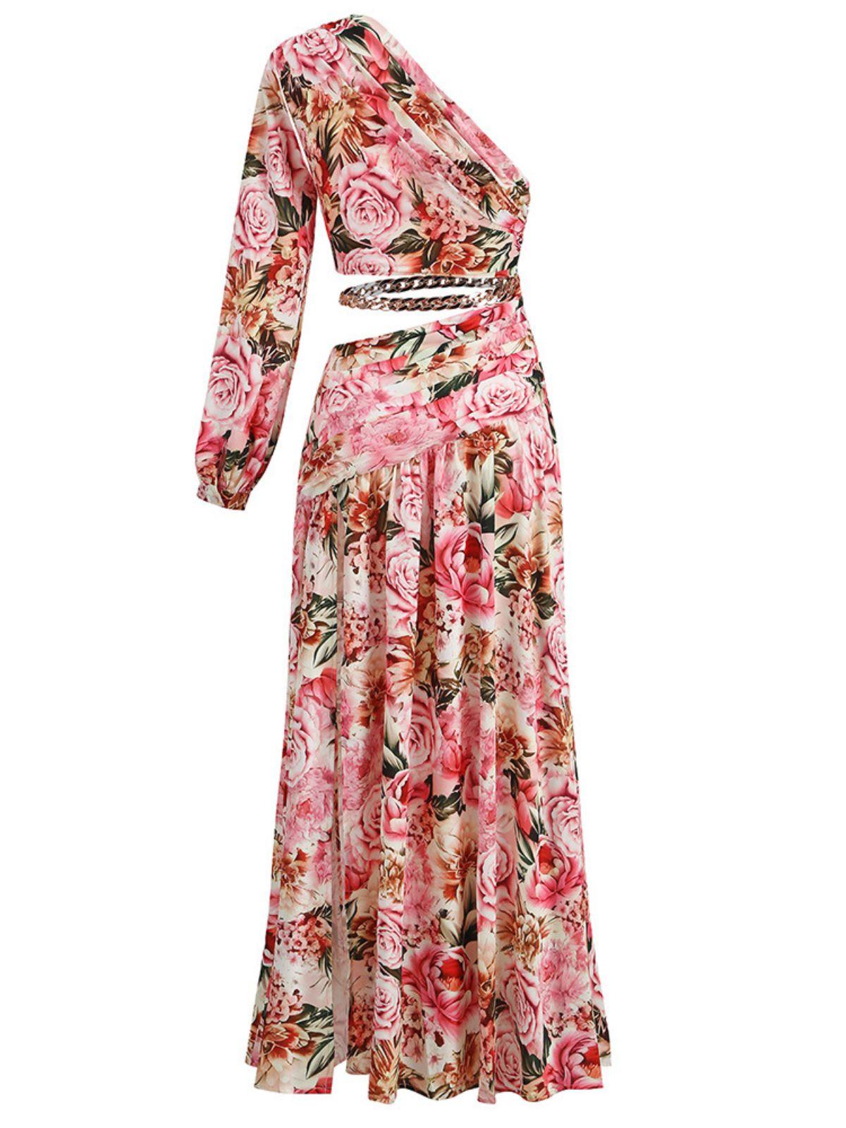 One Shoulder Floral Print Cutout Crop Top and Chain Waist Ruched Slit Maxi Skirt Set 8