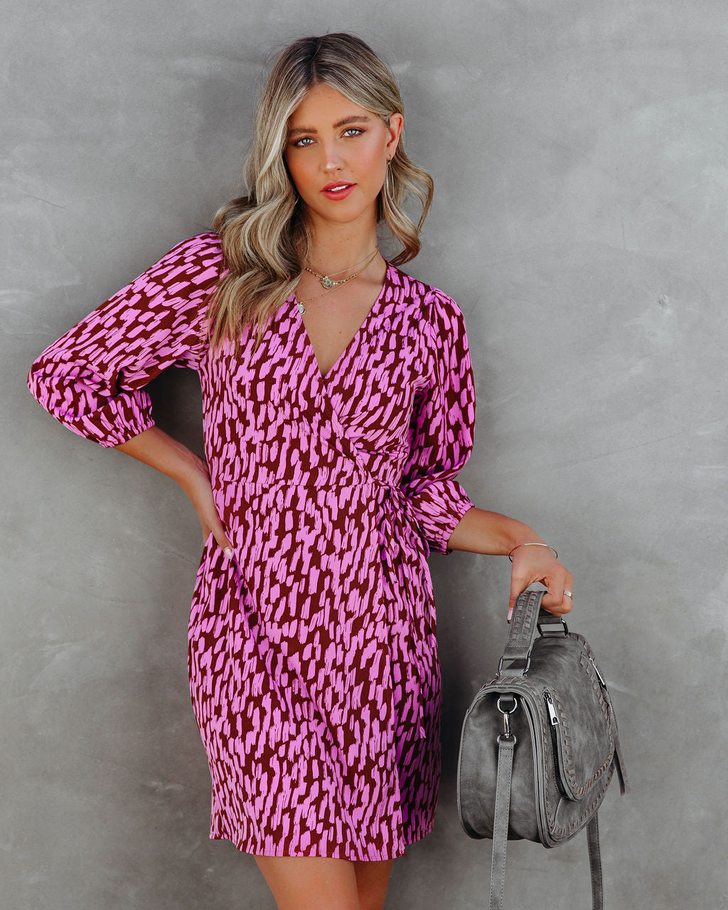 Abstract Print Wrap Tie Waist Puff Sleeve Mini Dress 9