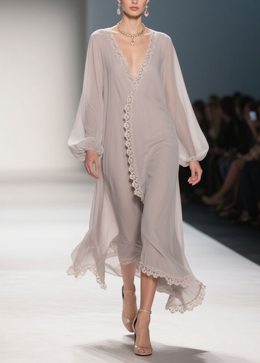 Lace Trim Wrap V-Neck Balloon Sleeve Chiffon Maxi Robe Dress 3