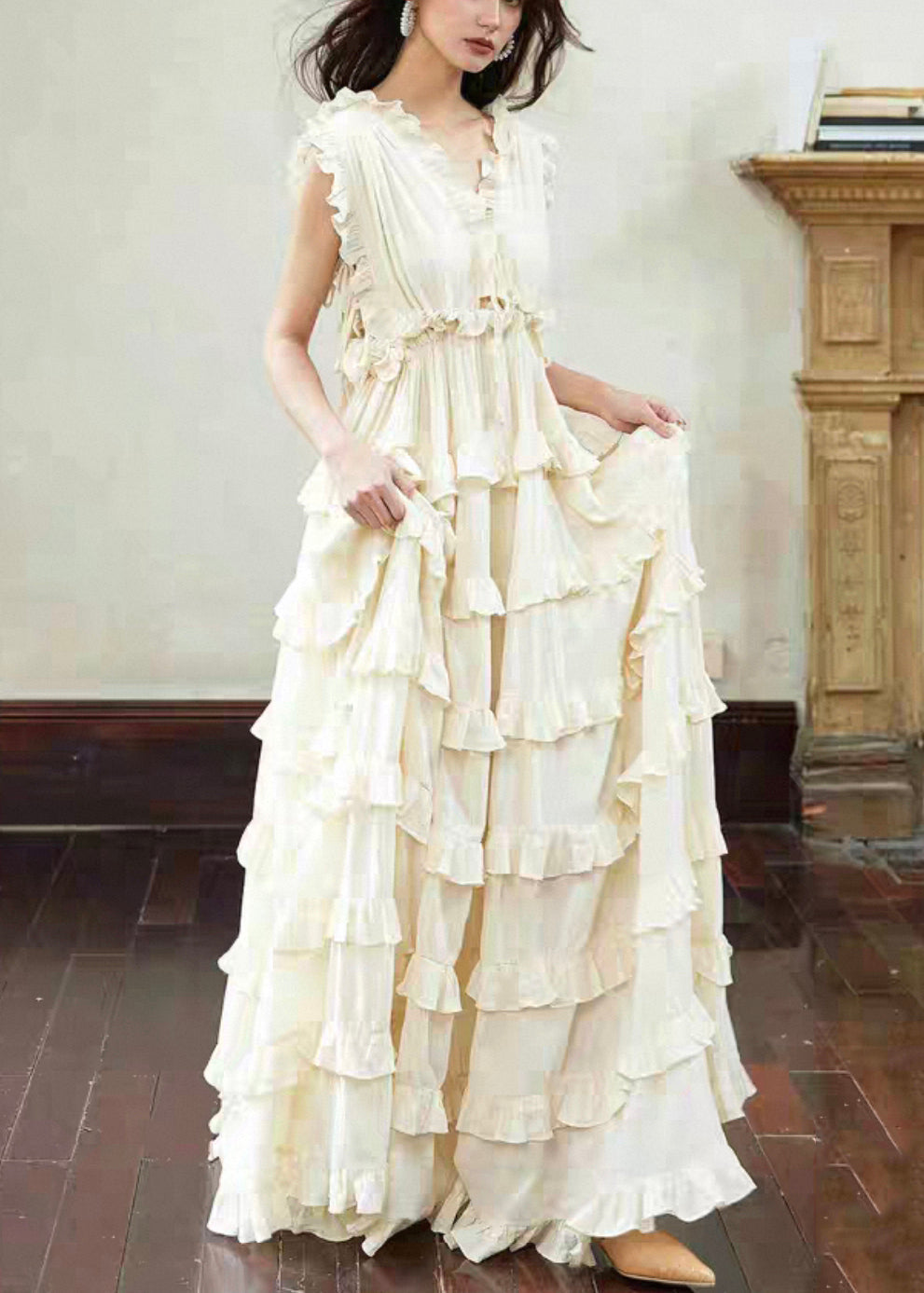 V-Neck Tiered Ruffle Empire Waist Sleeveless Maxi Dress 3