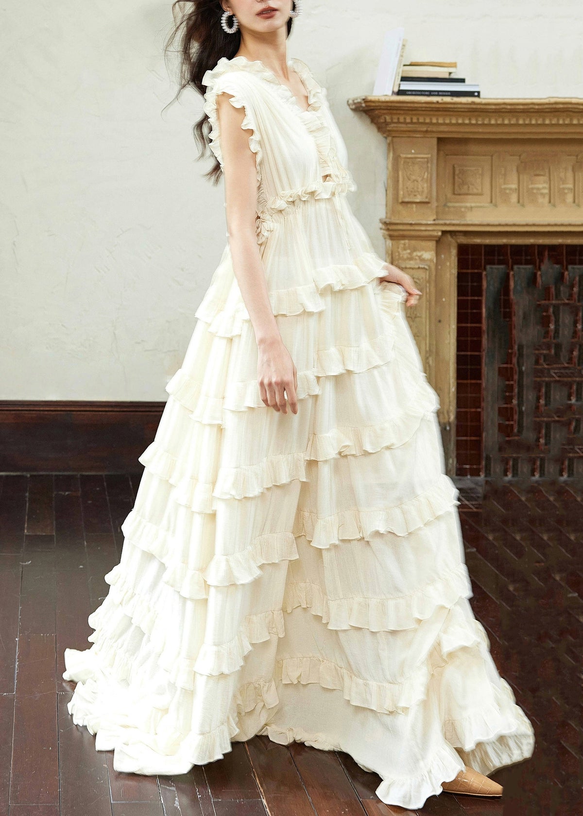 V-Neck Tiered Ruffle Empire Waist Sleeveless Maxi Dress 4