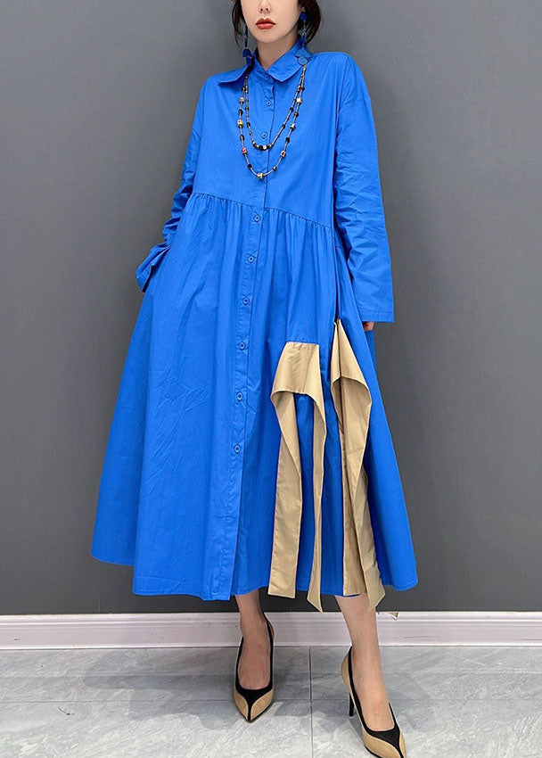 Pointed Collar Button Front Gathered Waist Contrast Sash Oversized Maxi Shirt Dress