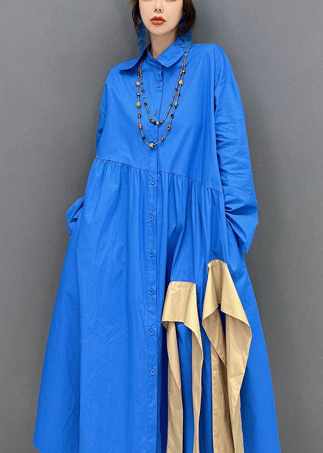 Pointed Collar Button Front Gathered Waist Contrast Sash Oversized Maxi Shirt Dress 5