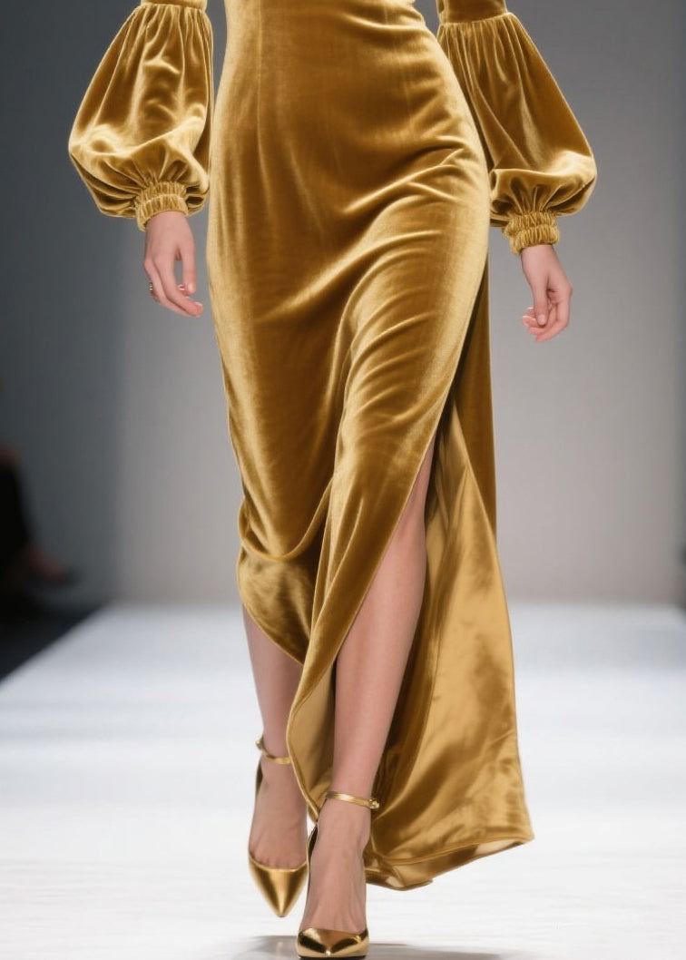 Sweetheart Neck Bishop Sleeve Velvet High-Slit Column Gown 4