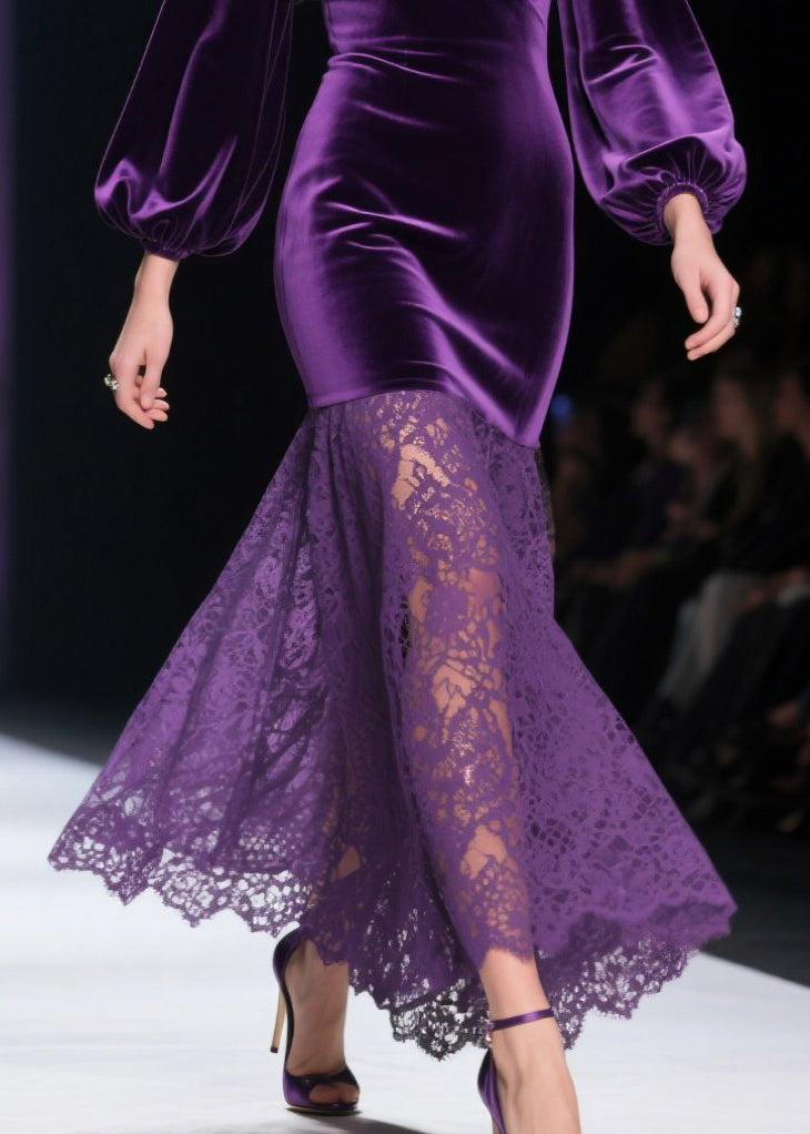 Deep V-Neck Lantern Sleeve Velvet Bodice Floral Lace Mermaid Maxi Gown 4