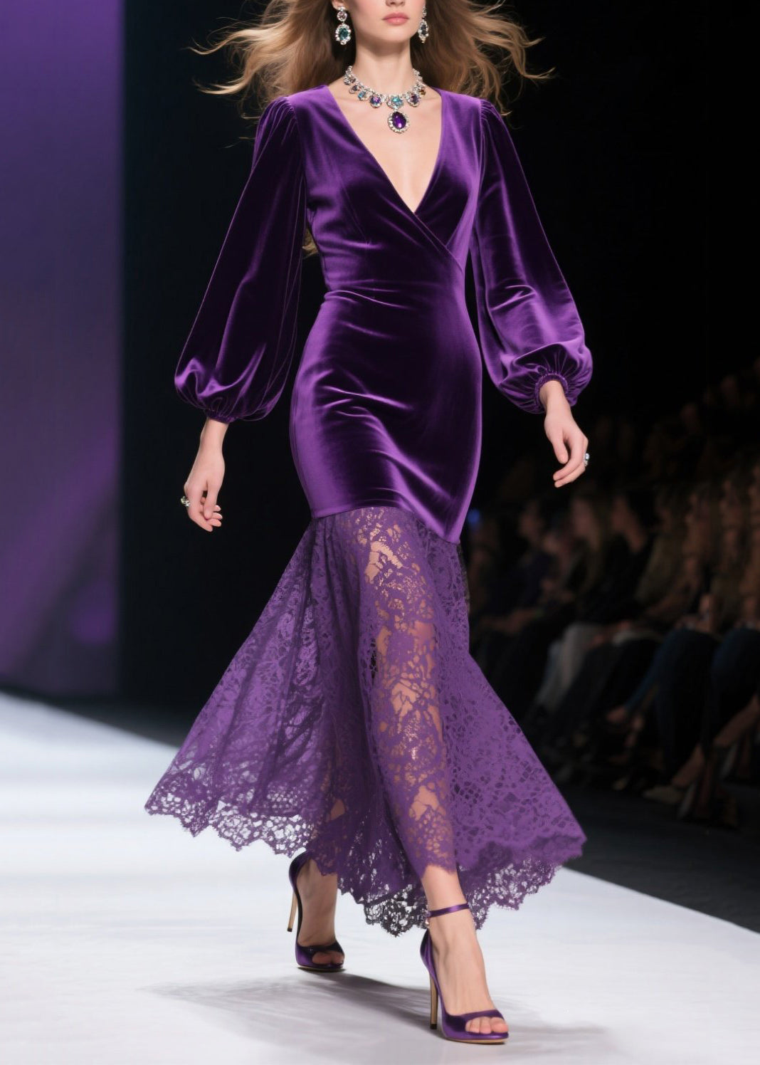 Deep V-Neck Lantern Sleeve Velvet Bodice Floral Lace Mermaid Maxi Gown 5
