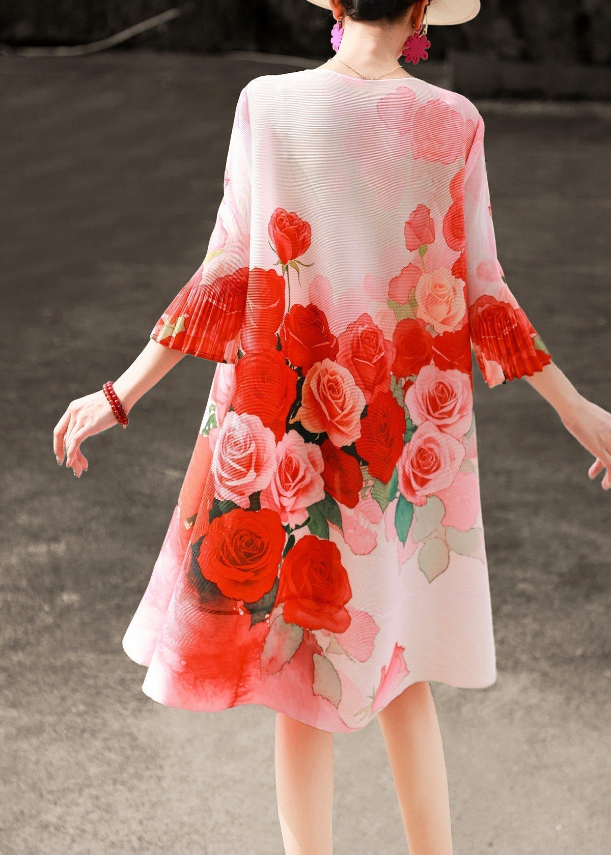 Round Neck Button Front Plisse Pleated Ruffle Cuff Floral Mini Shift Dress 5