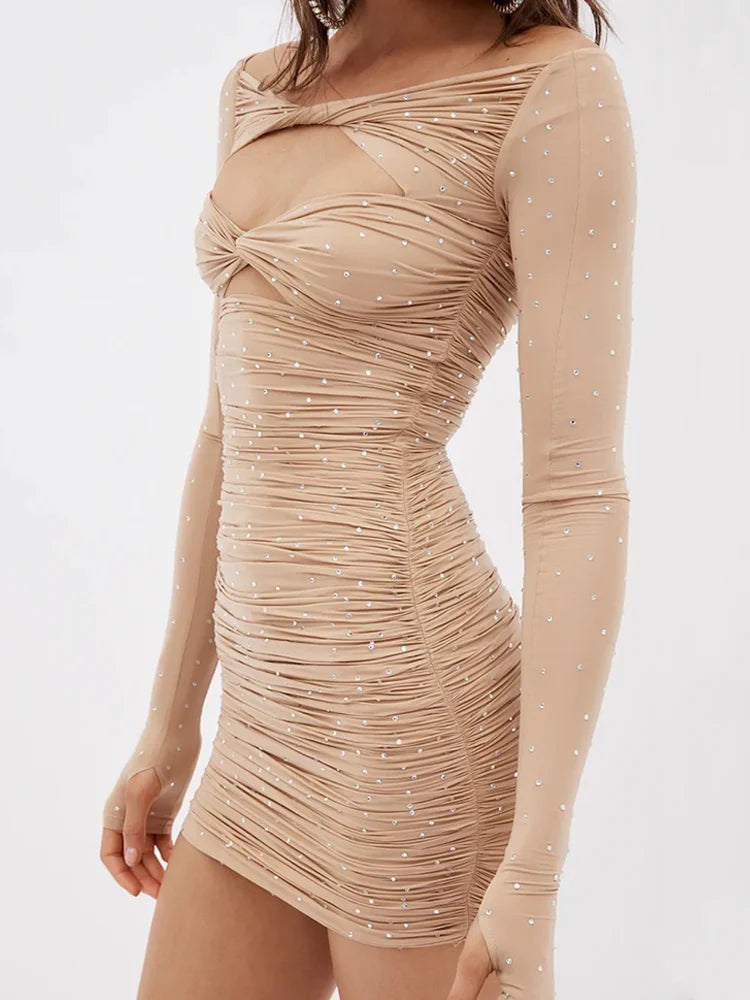 Rhinestone Cut Out Twist Front Long Sleeve Ruched Mini Dress