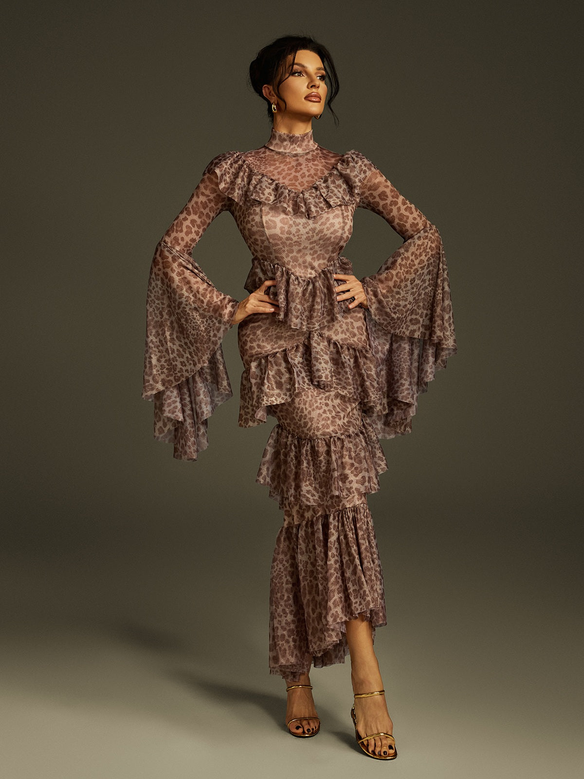 Bell Sleeve Print Smocked Waist Midi Dress 3