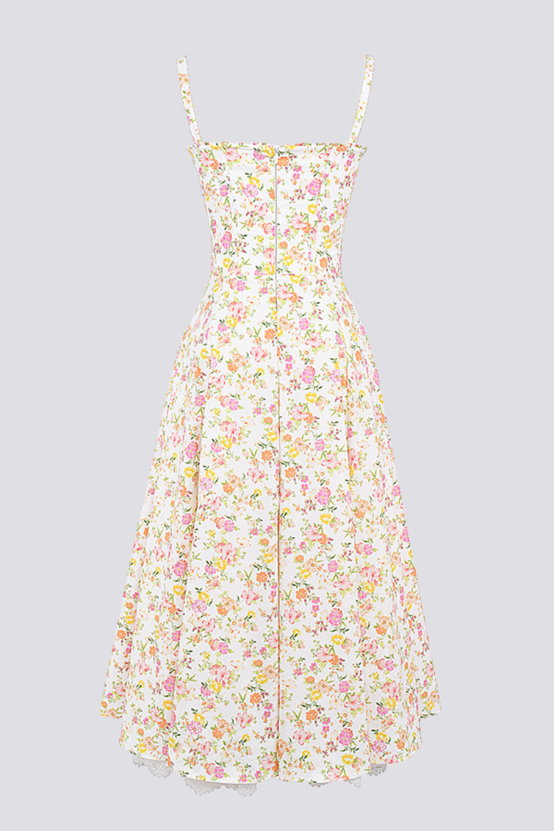 Ditsy Floral Sweetheart Corset Tie-Front Lace Trim Midi Dress 13