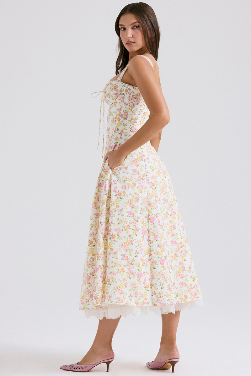 Ditsy Floral Sweetheart Corset Tie-Front Lace Trim Midi Dress 4