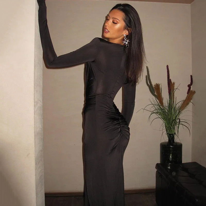 Plunging V-Neck Ruched Twist Waist Long Sleeve Thigh Slit Maxi Dress 4