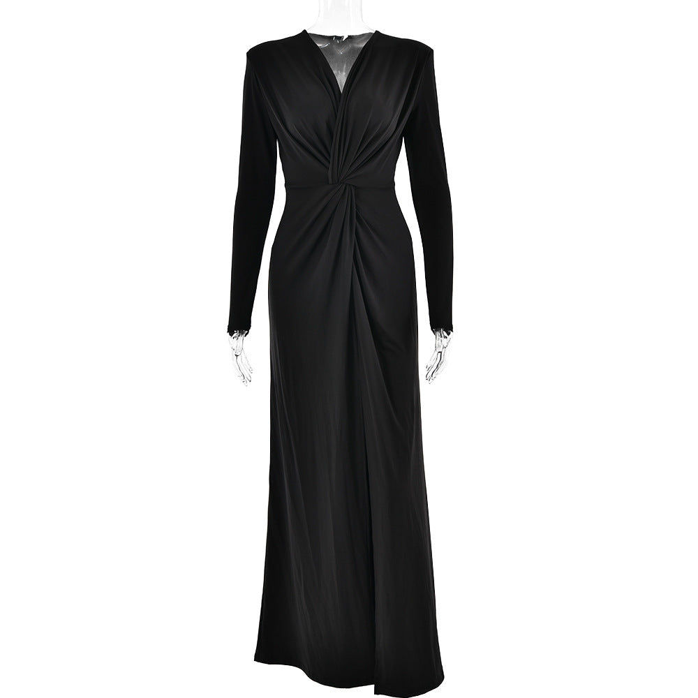 Plunging V-Neck Ruched Twist Waist Long Sleeve Thigh Slit Maxi Dress 5
