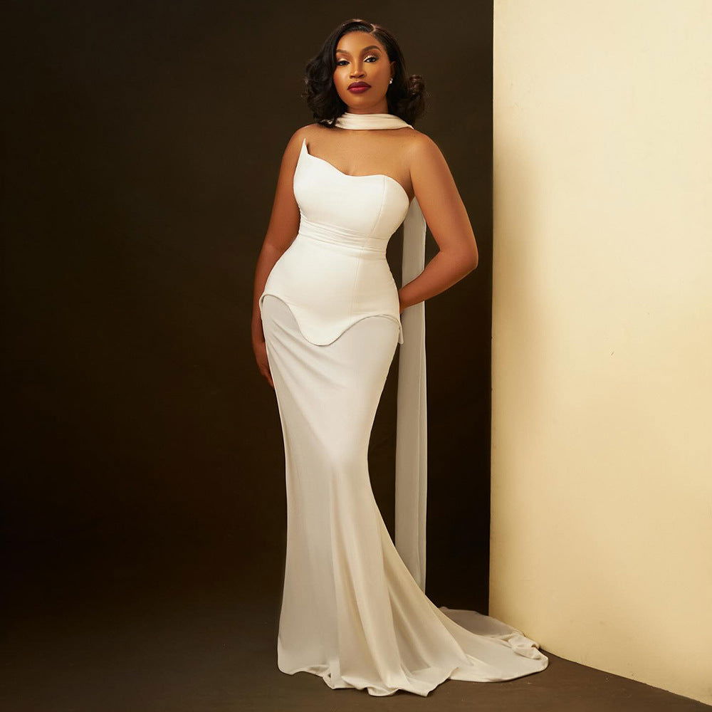Asymmetric Corset Peplum Mermaid Train Maxi Gown