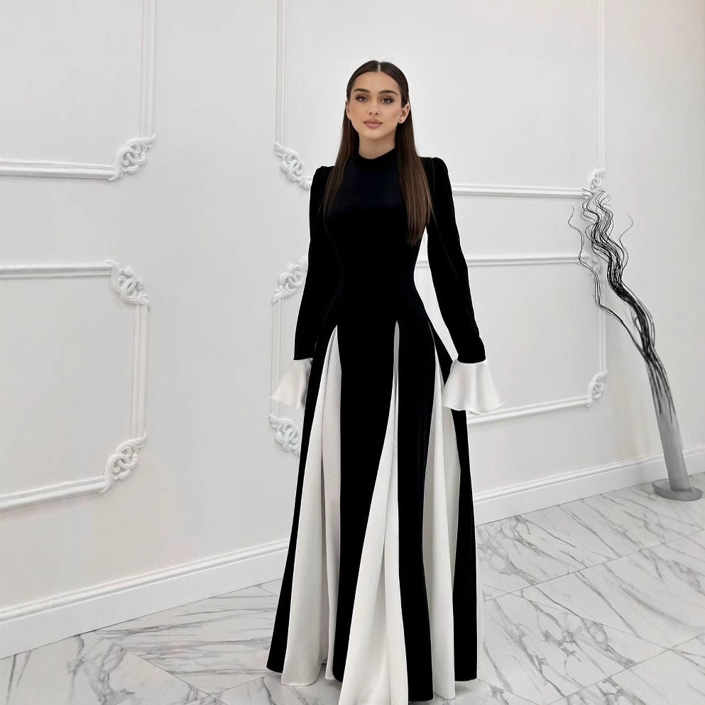 High Neck Contrast Bell Sleeve Godet Panel Maxi Gown