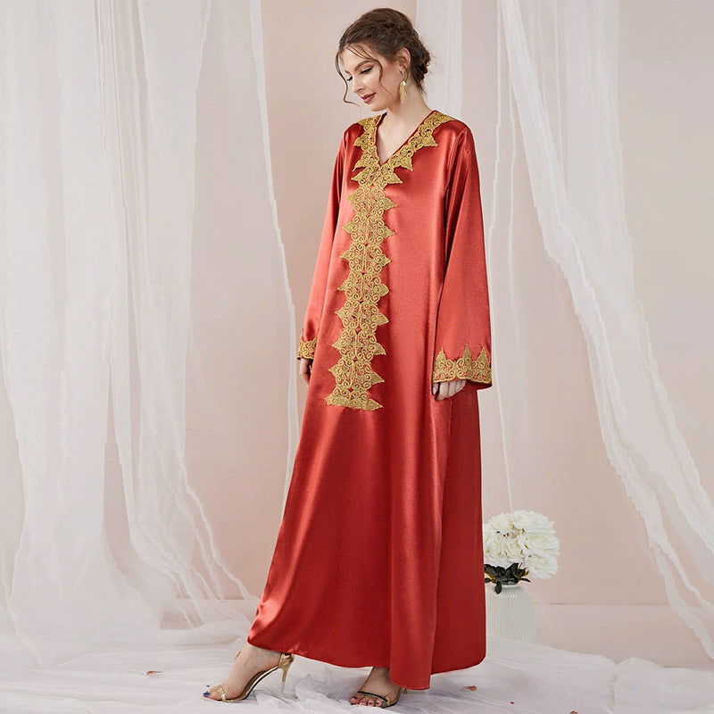Embroidered V Neck Long Sleeve Satin Floor Length Gown