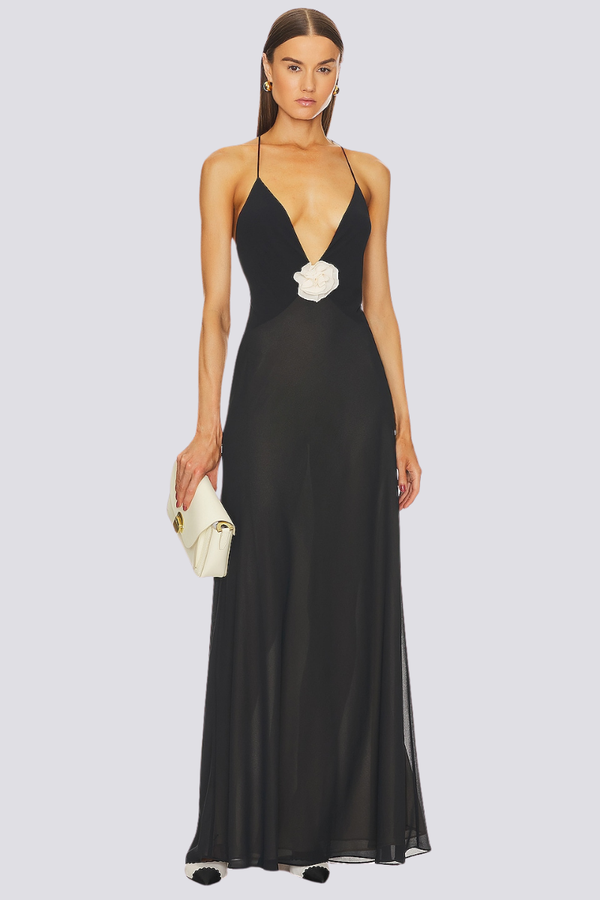Spaghetti Strap Plunge V-Neck Floral Rosette Floor-Length Maxi Gown