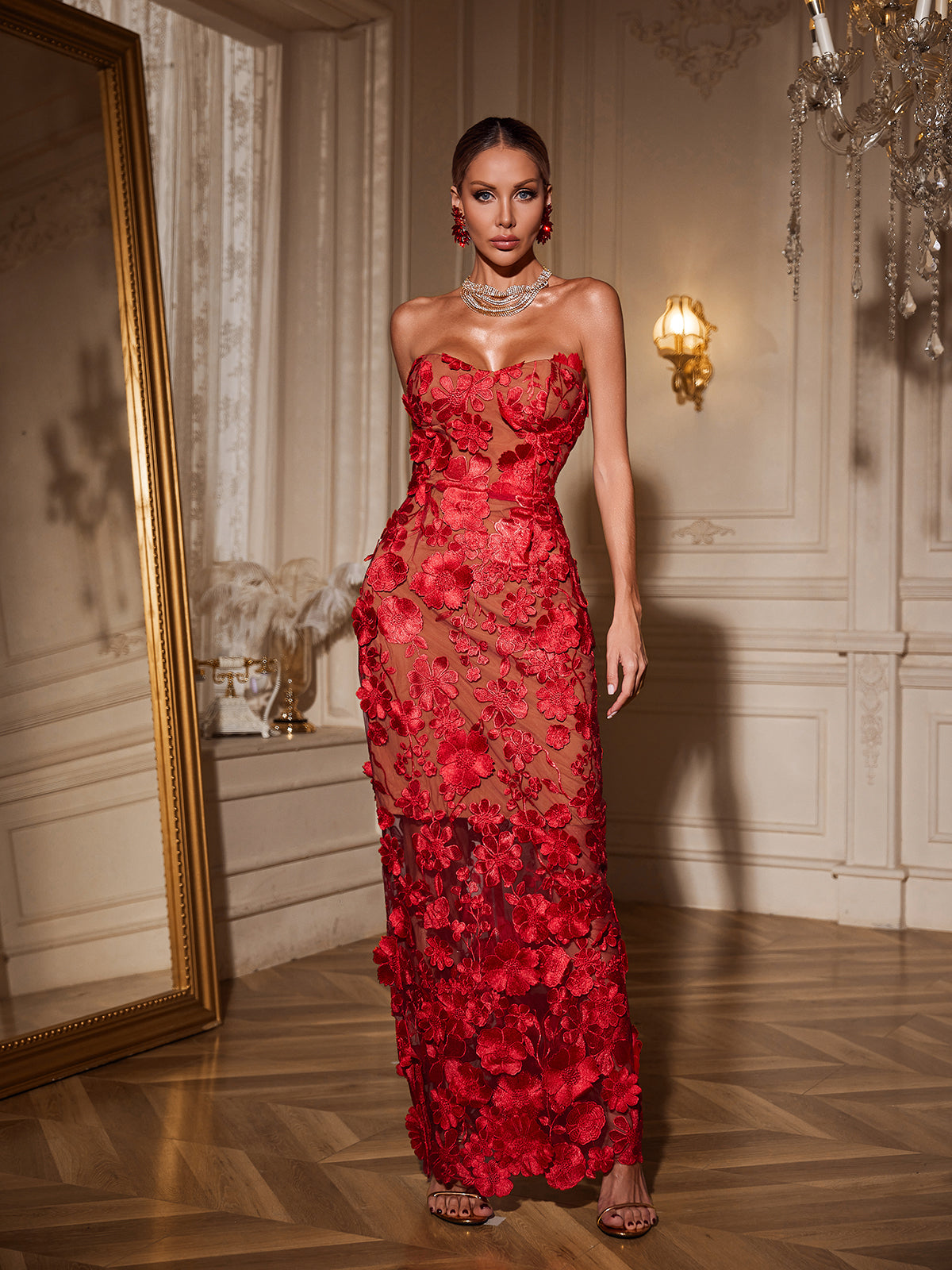 Strapless Sweetheart 3D Floral Applique Maxi Gown