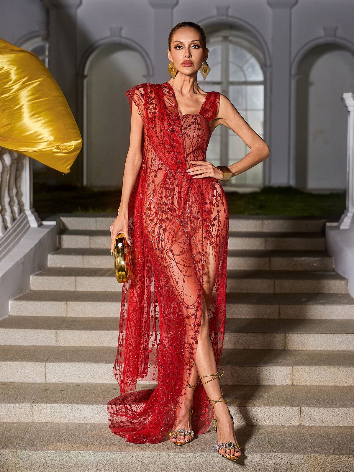 One Shoulder Embroidered Sequin Mesh High Slit Maxi Dress