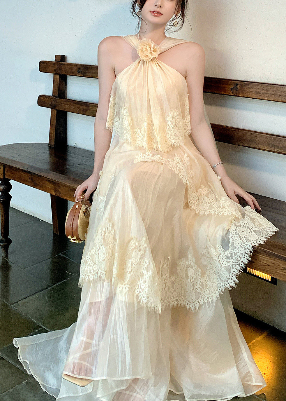 Halter Rosette Neck Tiered Lace Trim Maxi Dress