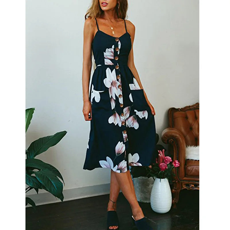 Tropical Print Spaghetti Strap Button Front Pocket Midi Dress 16