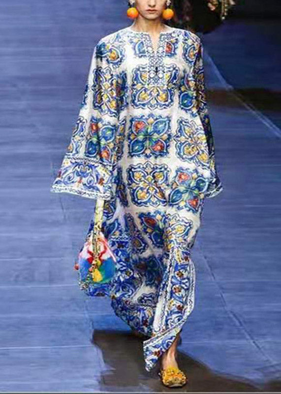 Notched V-Neck Bell Sleeve Majolica Tile Print Kaftan Maxi Dress