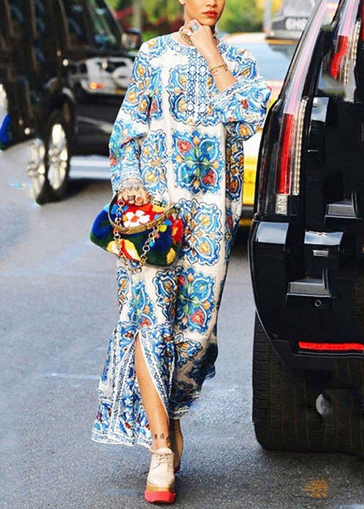 Notched V-Neck Bell Sleeve Majolica Tile Print Kaftan Maxi Dress 2