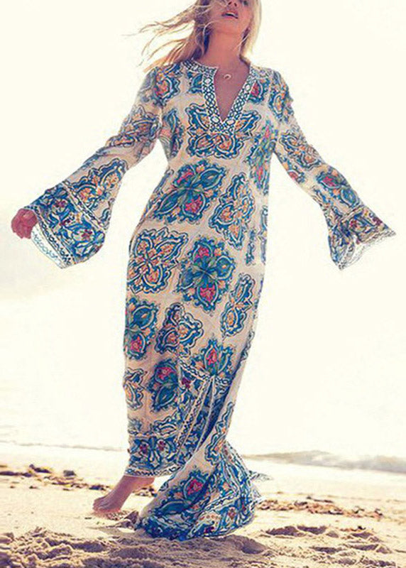 Notched V-Neck Bell Sleeve Majolica Tile Print Kaftan Maxi Dress 3