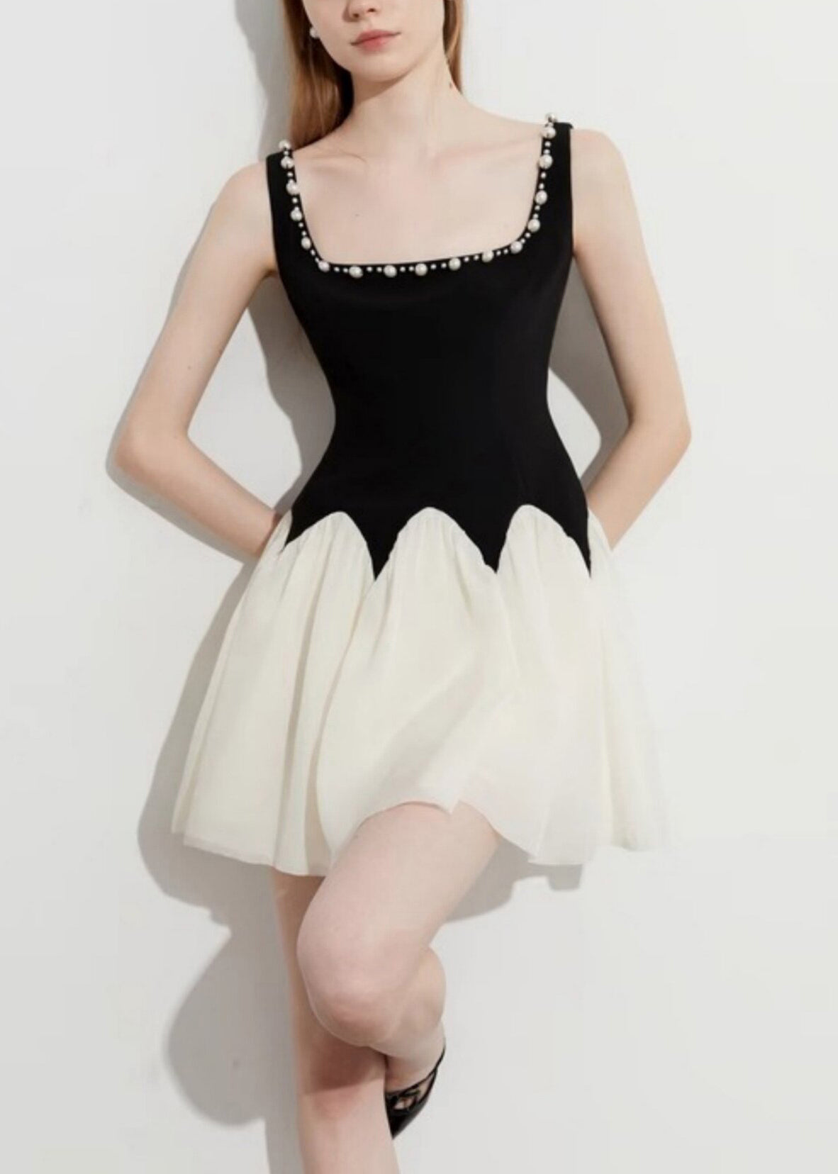 Square Neck Pearl Trim Scalloped Waist Pleated Tulle Skater Mini Dress 3
