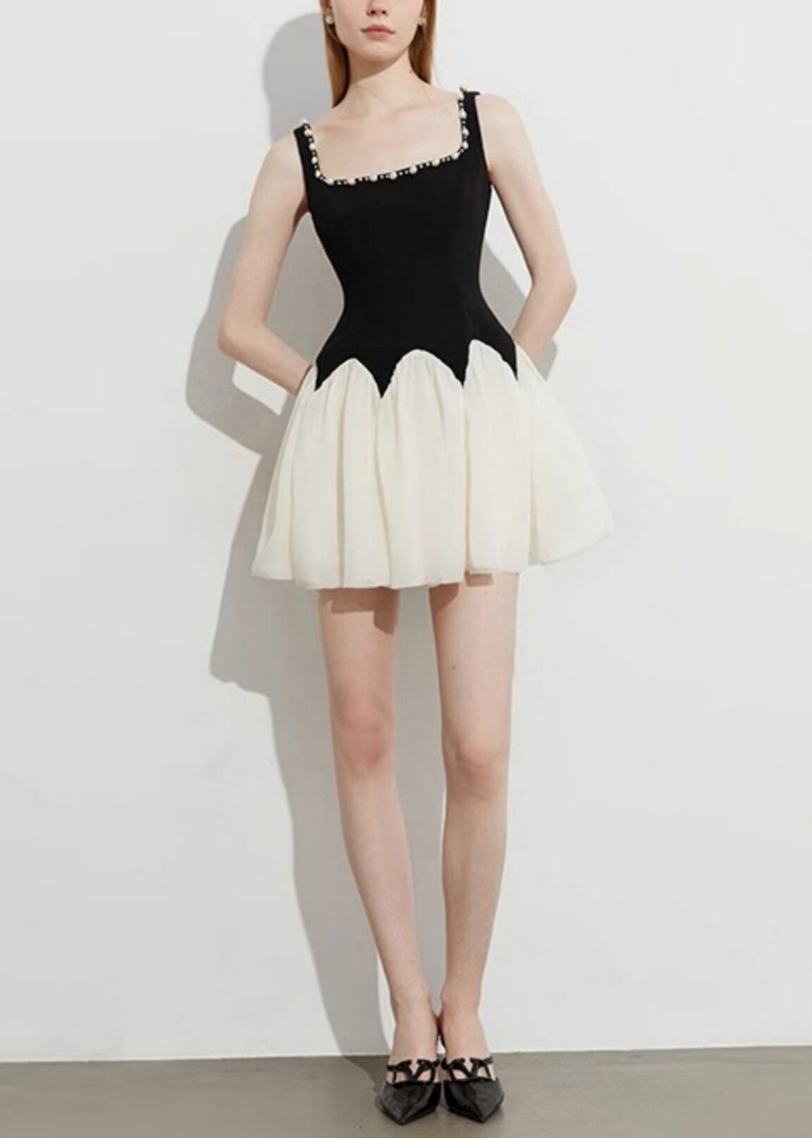 Square Neck Pearl Trim Scalloped Waist Pleated Tulle Skater Mini Dress 4
