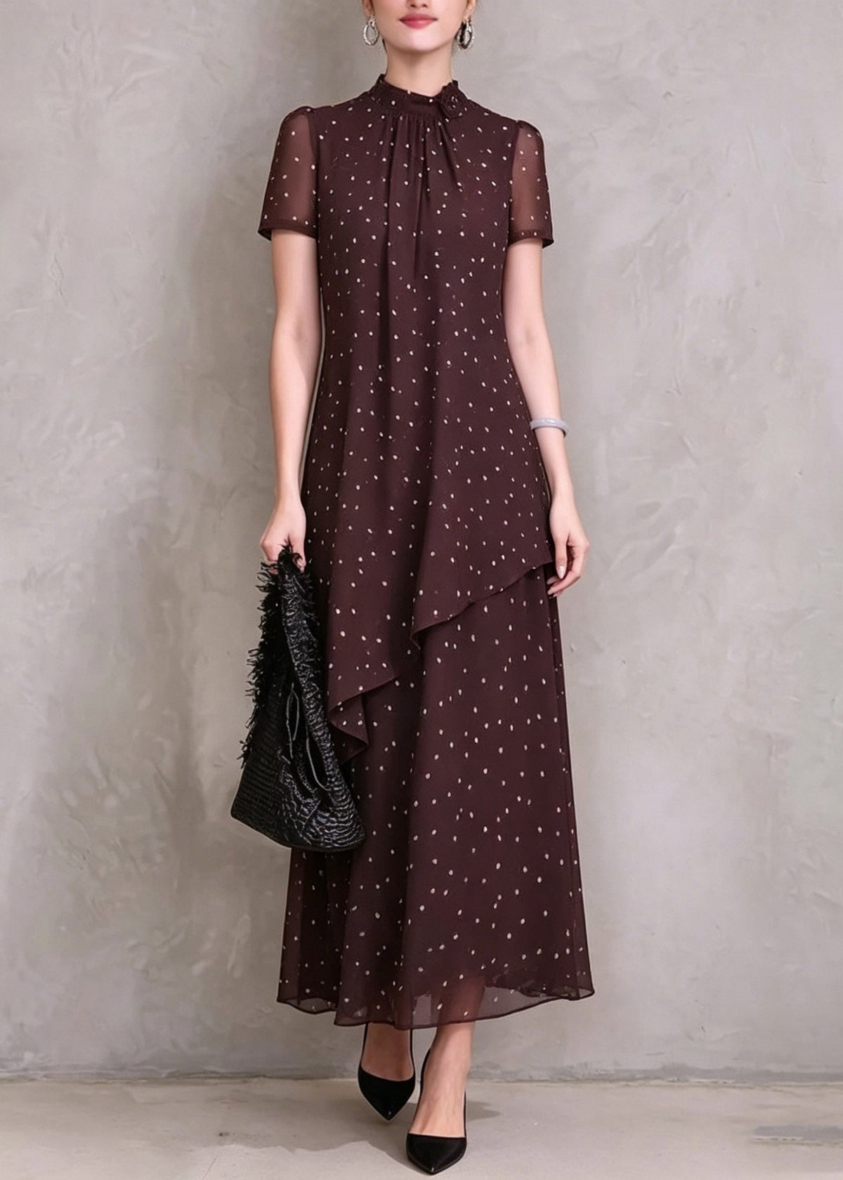 Mock Neck Polka Dot Asymmetric Layer Short Sleeve Maxi Dress