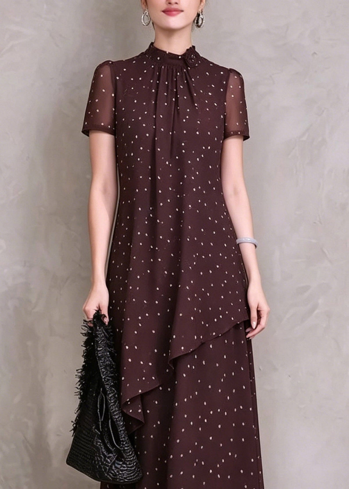 Mock Neck Polka Dot Asymmetric Layer Short Sleeve Maxi Dress 2