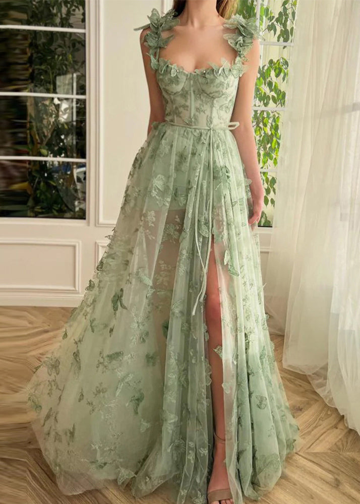 Sweetheart Corset Butterfly Applique High Slit Tulle Gown