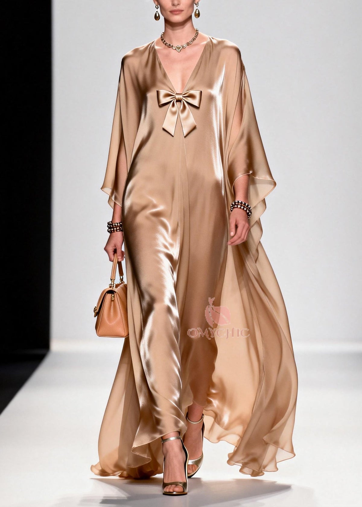 Deep V-Neck Bow Detail Cape Sleeve Maxi Gown