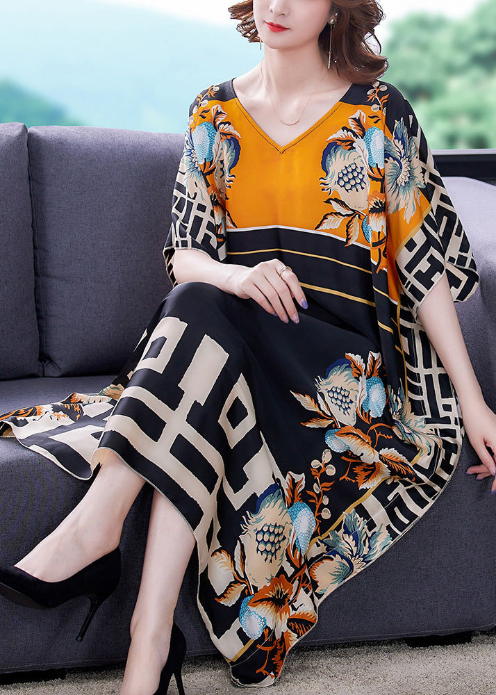 V-Neck Short Kaftan Sleeve Mixed Geometric Floral Print Oversized Maxi Dress