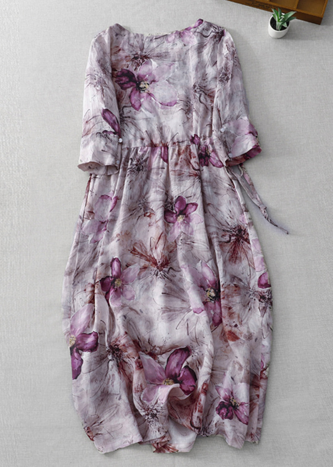 Round Neck Drawstring Waist Painterly Floral Midi Dress