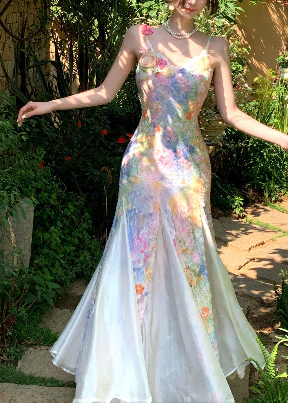 Textured Floral Paneled Mermaid Maxi Gown