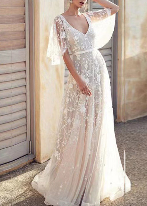 Deep V-Neck Lace Overlay Flutter Sleeve Floral Embroidery A-Line Maxi Gown