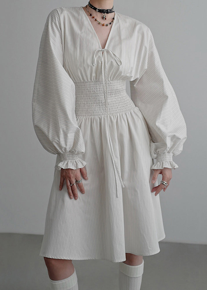 Deep V-Neck Tie Bow Lantern Sleeve Smocked Waist Pinstripe Midi Dress