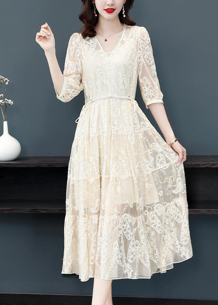 Deep V Scalloped Lace Paisley Embroidered Tiered Midi Dress 2