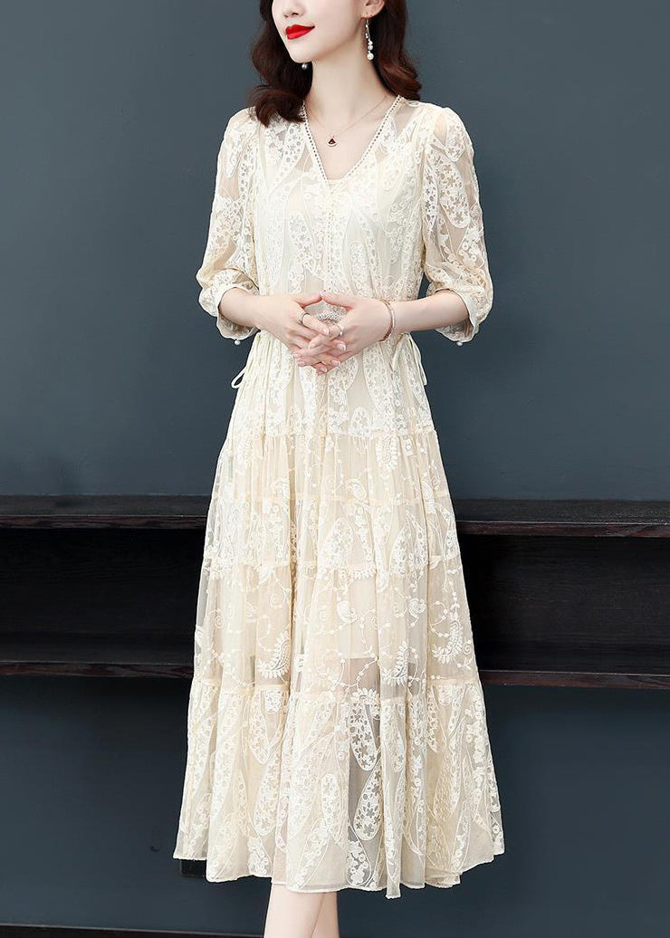 Deep V Scalloped Lace Paisley Embroidered Tiered Midi Dress 3