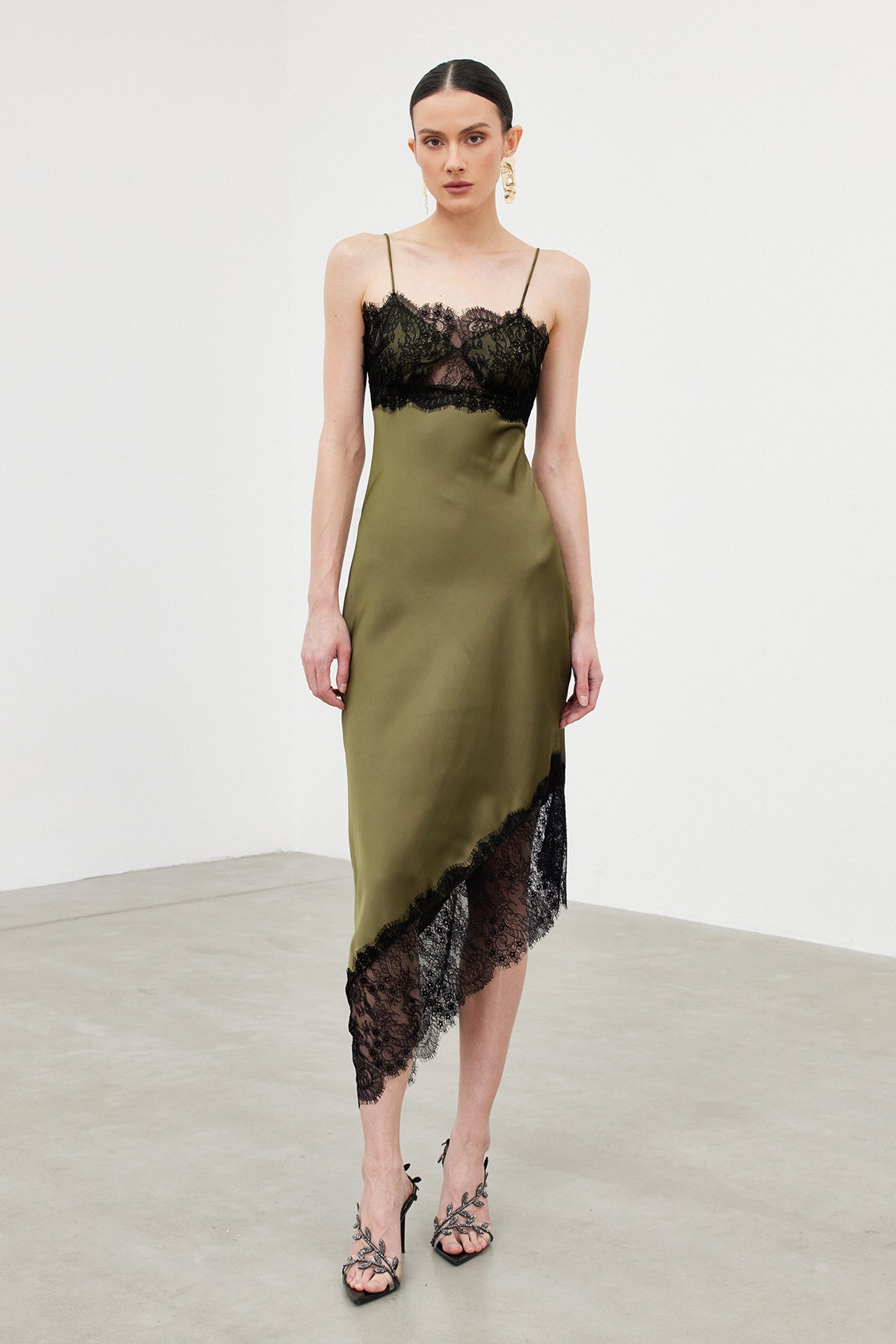 Spaghetti Lace Asymmetric Midi Dress