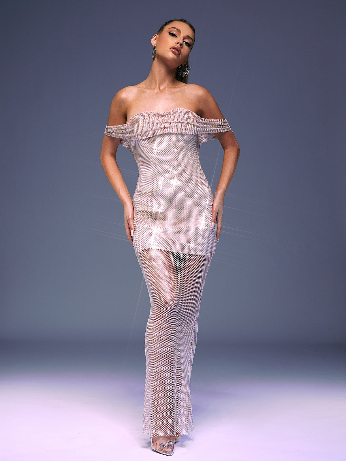 Off Shoulder Rhinestone Mesh Overlay Mini Lining Maxi Gown