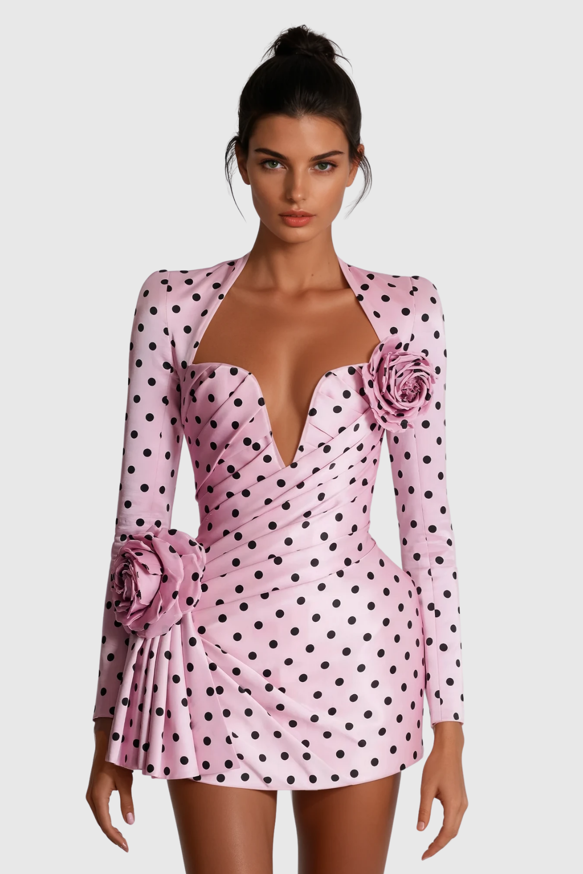 Cold Shoulder Long Sleeve Polka Dot 3D Rosette Pleated Mini Dress 2