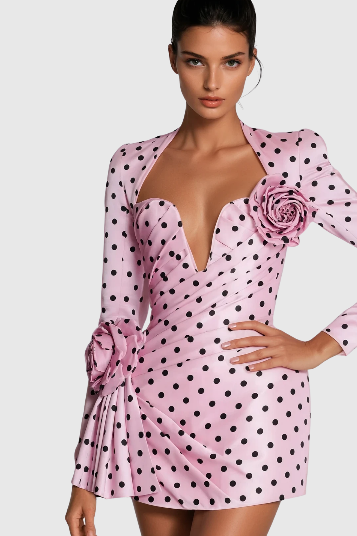 Cold Shoulder Long Sleeve Polka Dot 3D Rosette Pleated Mini Dress 3