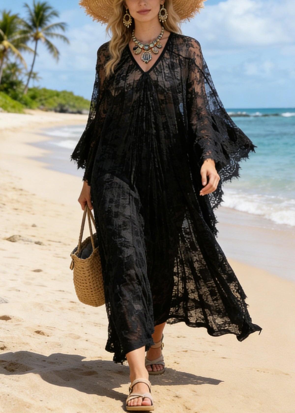 Deep V-Neck Floral Lace Sheer Wide Sleeve Maxi Dress