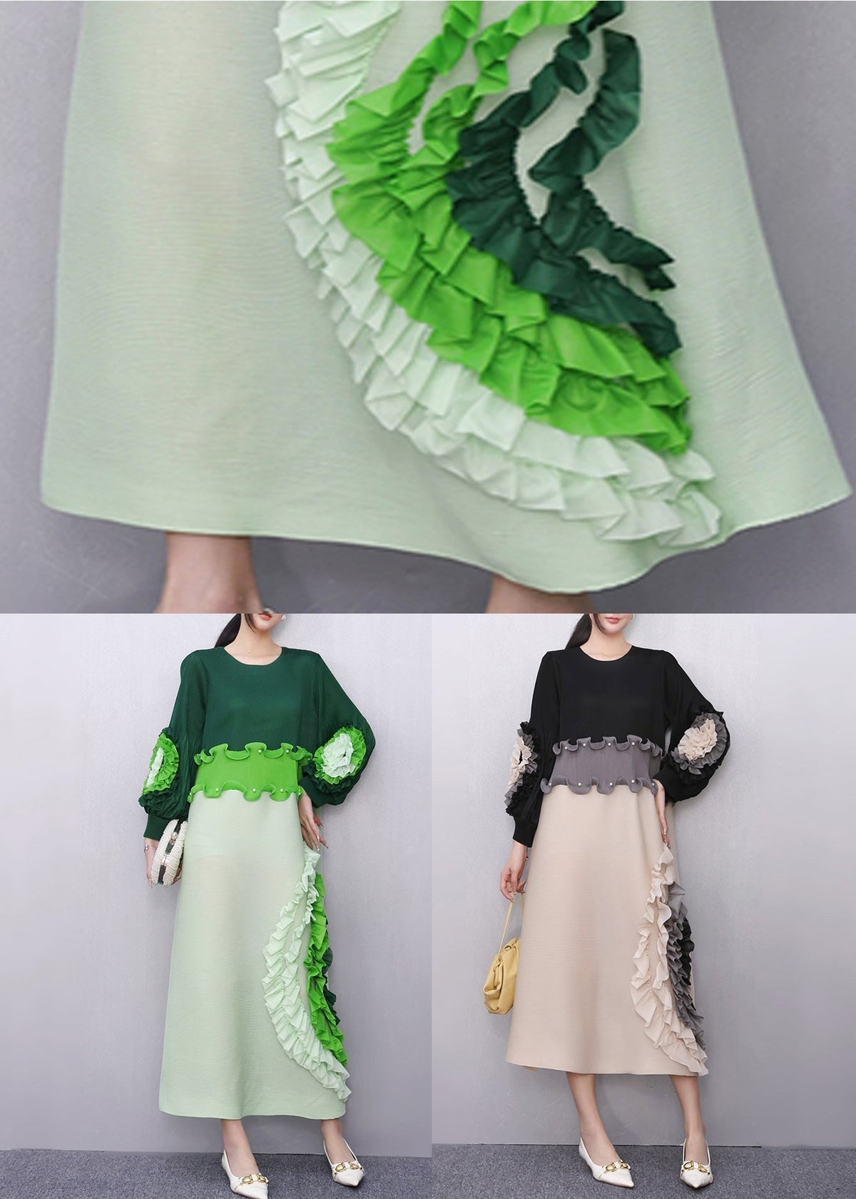 Pearl Scallop Waist Floral Elbow Ruffle Cascade Side Midi Dress 5