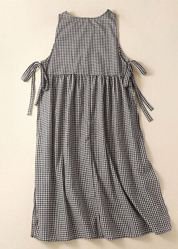Round Neck Sleeveless Gingham Check Side Tie Patch Pocket Midi Dress 2