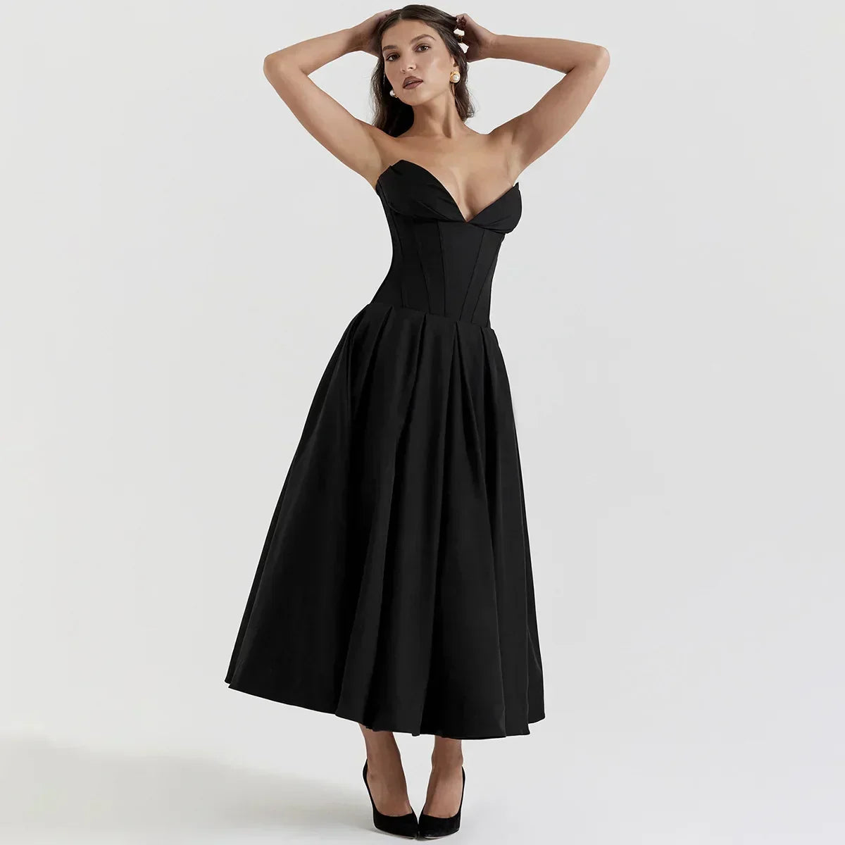 Strapless Deep V Corset Bodice Pleated Flared Midi Dress 3