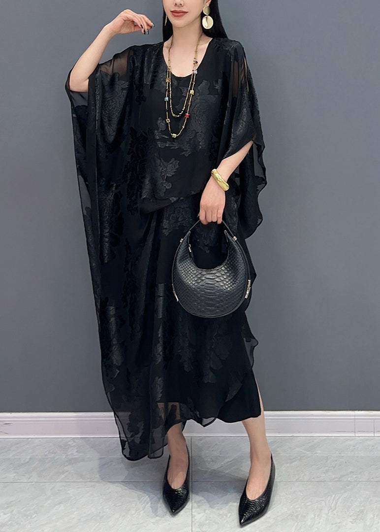 Deep V Neck Floral Burnout Sheer Draped Wing Sleeve Gown